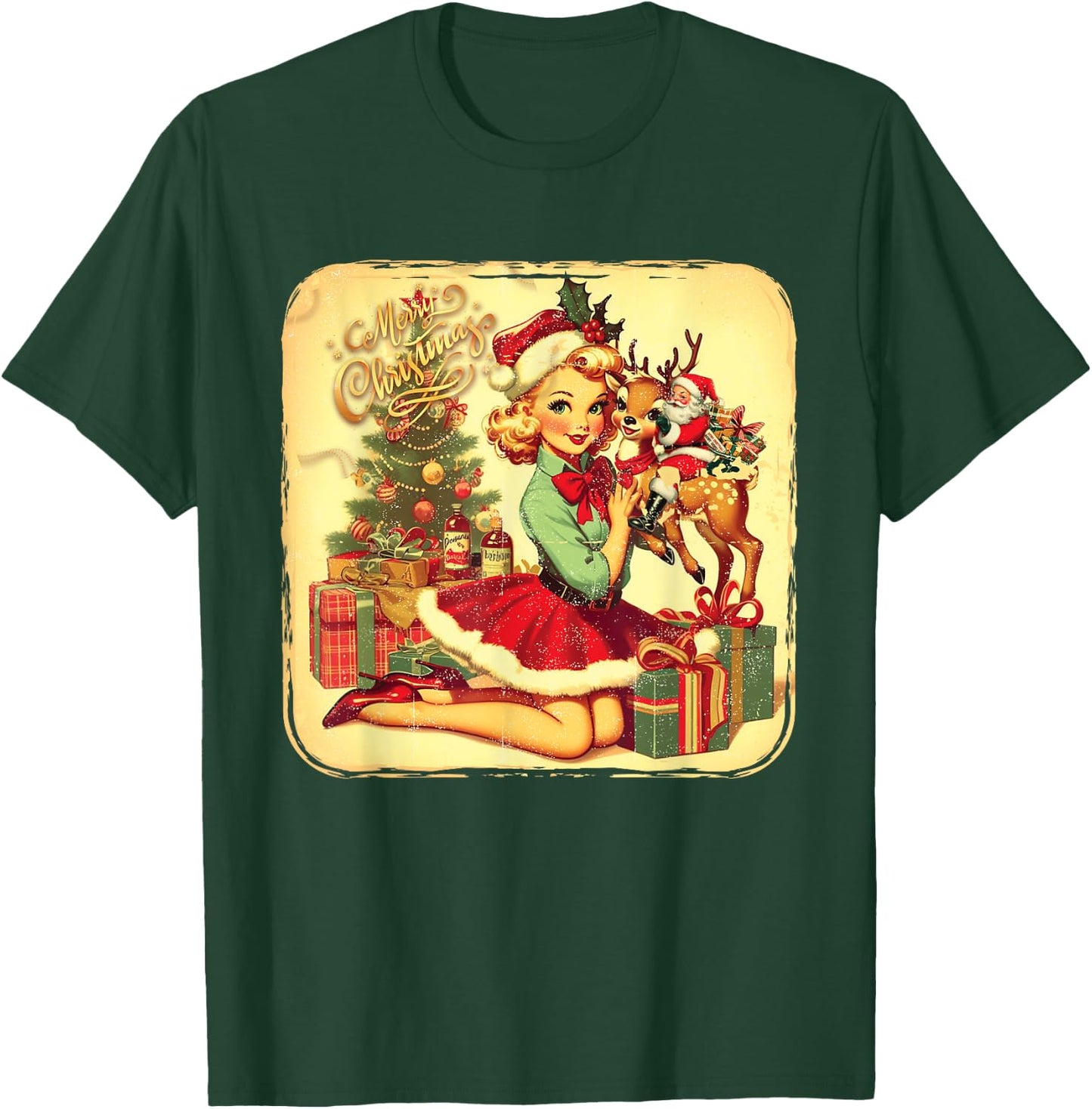 Vintage Pin Up Little Girl Reindeer Retro 1950S Christmas T-Shirt - T-Shirt | Forest
