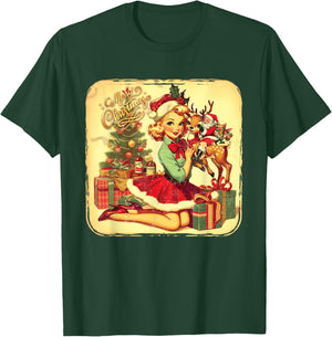 Vintage Pin Up Little Girl Reindeer Retro 1950S Christmas T-Shirt - T-Shirt | Forest