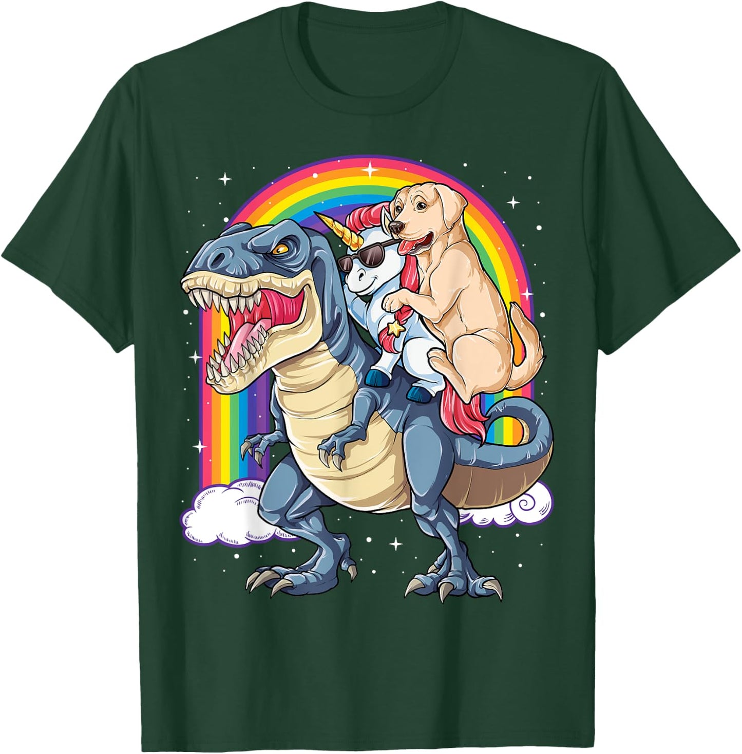 Labrador Unicorn Riding Dinosaur T-rex Girls Kids Rainbow T-Shirt - T-Shirt | Forest