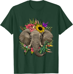 Wowsome! Elephant Floral Animal Face Elephant Lovers -Adults T-Shirt - T-Shirt | Forest