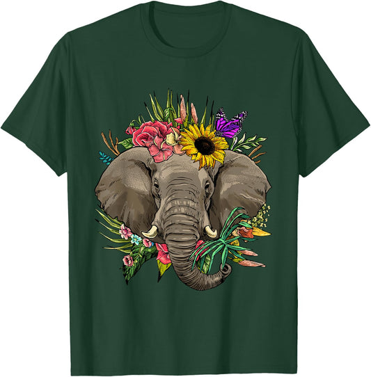 Wowsome! Elephant Floral Animal Face Elephant Lovers -Adults T-Shirt - T-Shirt | Forest
