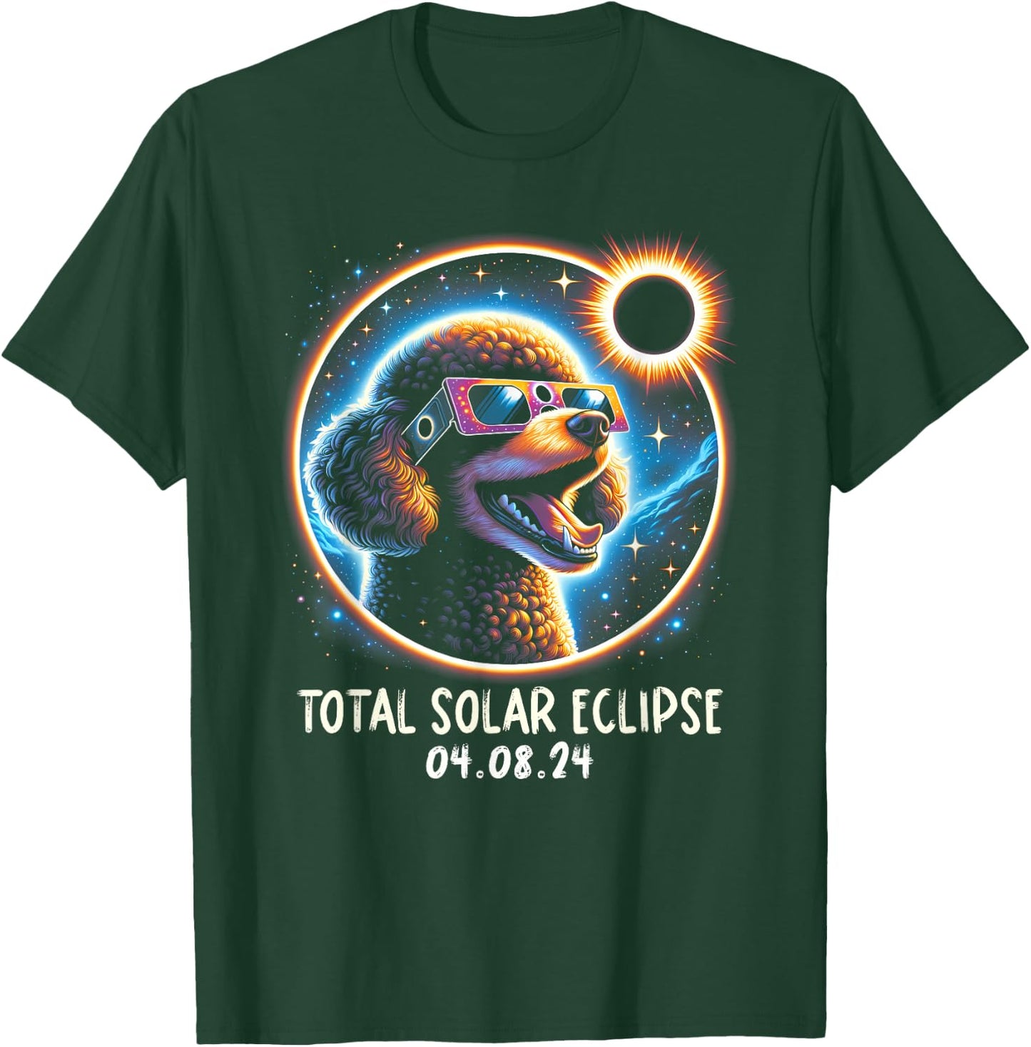 Solar Eclipse Poodle Wearing Glasses Pet April 8 2024 T-Shirt - T-Shirt | Forest