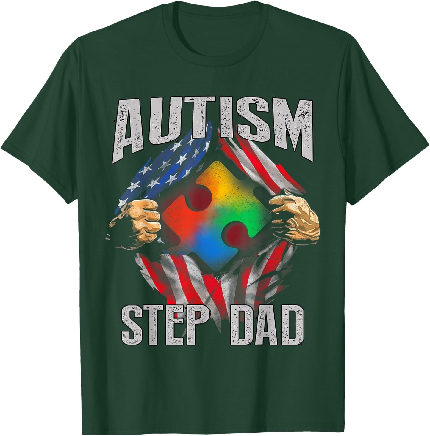 Autism Step Dad American Flag Autism Awareness T-Shirt - T-Shirt | Forest