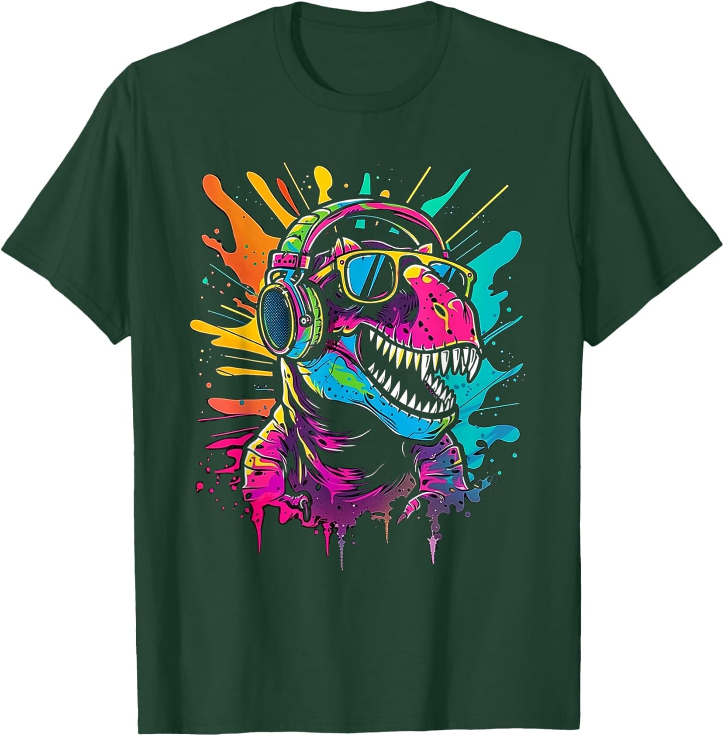 colored dinosaur DJ With Headphones and Sunglasses dino T-Shirt - T-Shirt | Forest