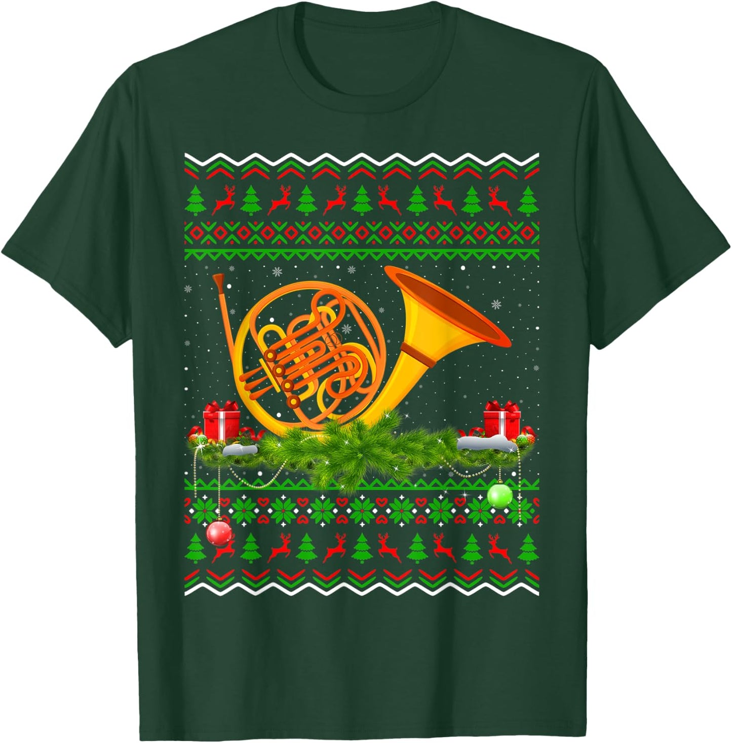 French Horn Music Lover Xmas Gift Ugly French Horn Christmas T-Shirt - T-Shirt | Forest