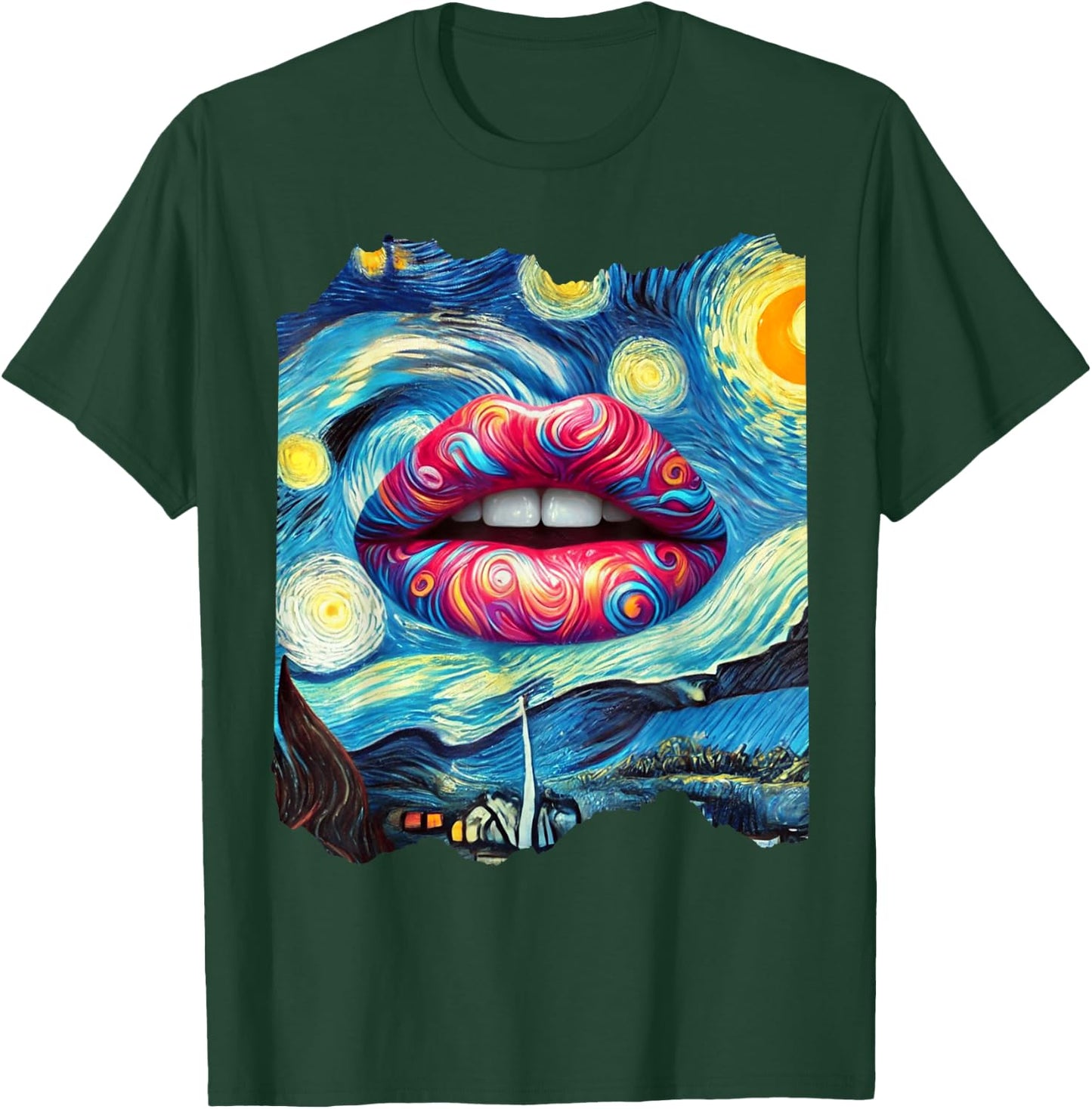 Lips Fashion Van Gogh Art Painting Star Sky Night Lips T-Shirt - T-Shirt | Forest