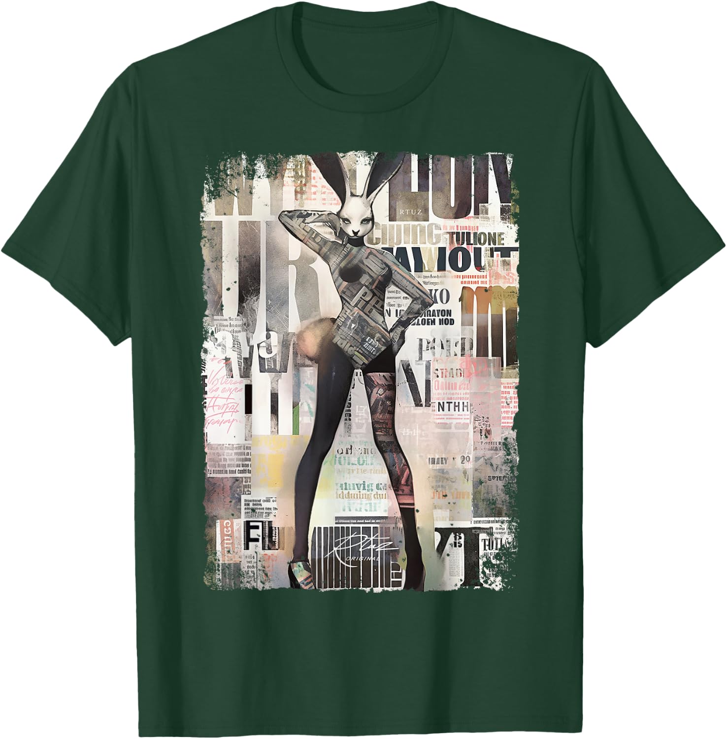 Magazine Cover Vintage Girl Bunny Collage Sexy Model Pin-Up T-Shirt - T-Shirt | Forest
