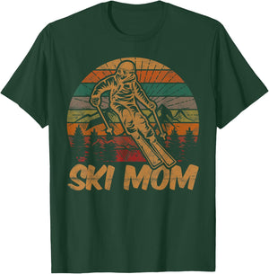 Retro Ski Mom Sunset Gift Mother Skier Fan Skiing Mama T-Shirt - T-Shirt | Forest