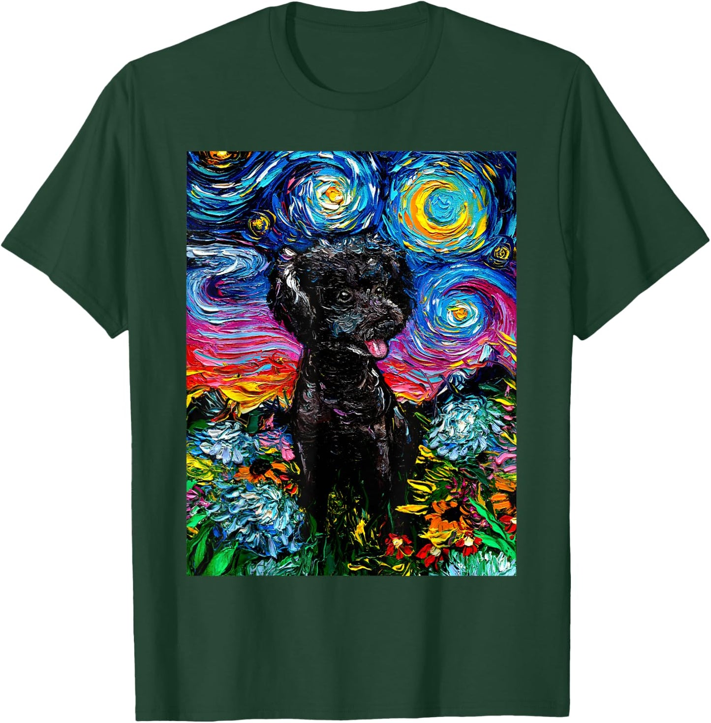 Cute Black Poodle and Flowers Starry Night Dog Art by Aja Women Kids T-Shirt - T-Shirt | Forest