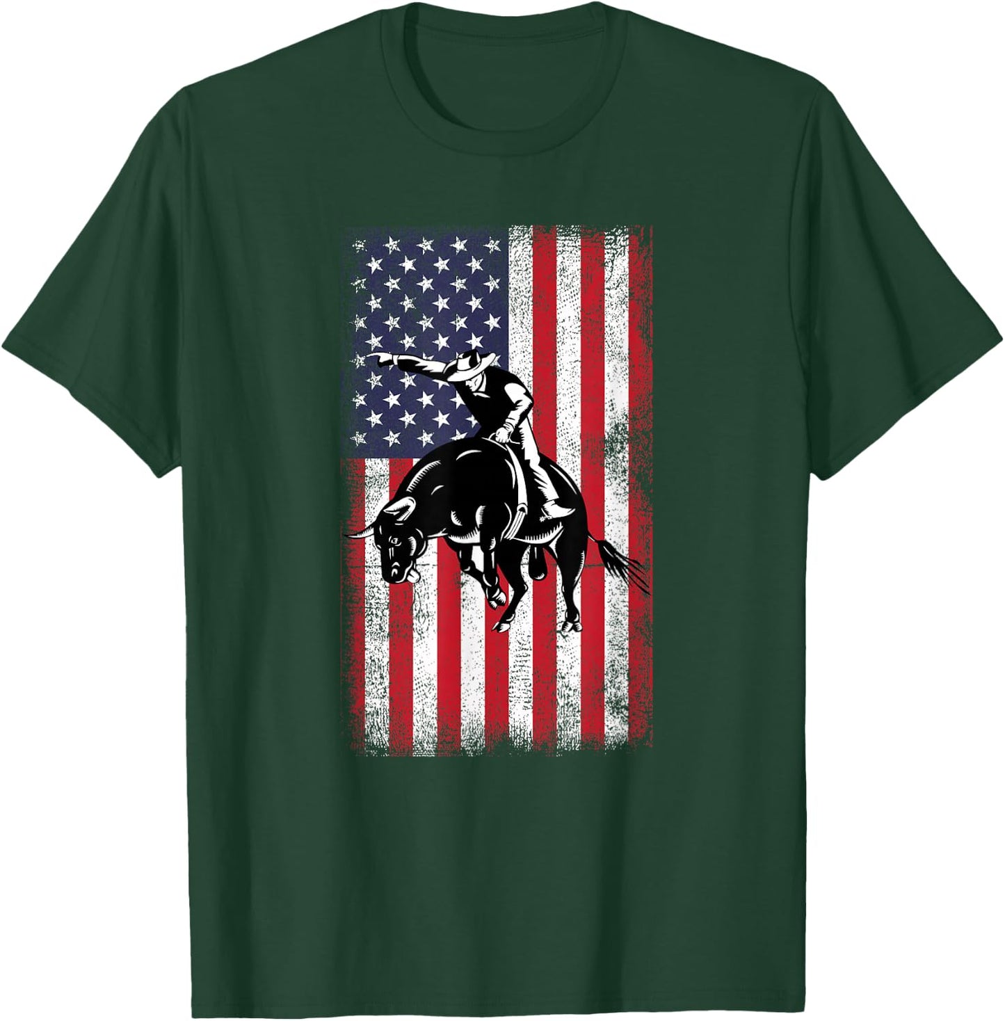 Rodeo Bull Rider Cowboys Patriotic American Flag Vintage T-Shirt - T-Shirt | Forest