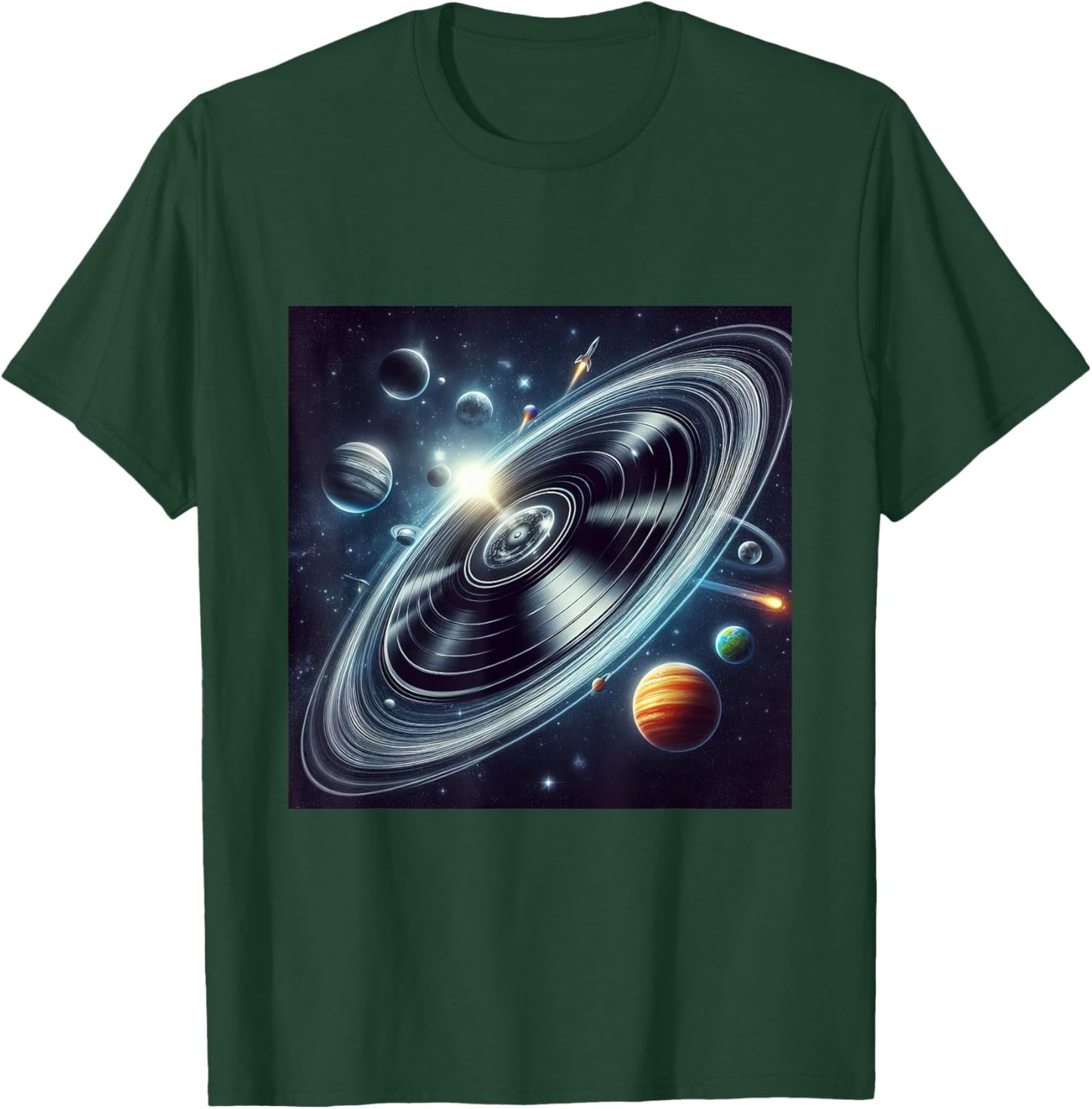 Vinyl Record Orbiting Through Space Cosmic Trails Planets T-Shirt - T-Shirt | Forest