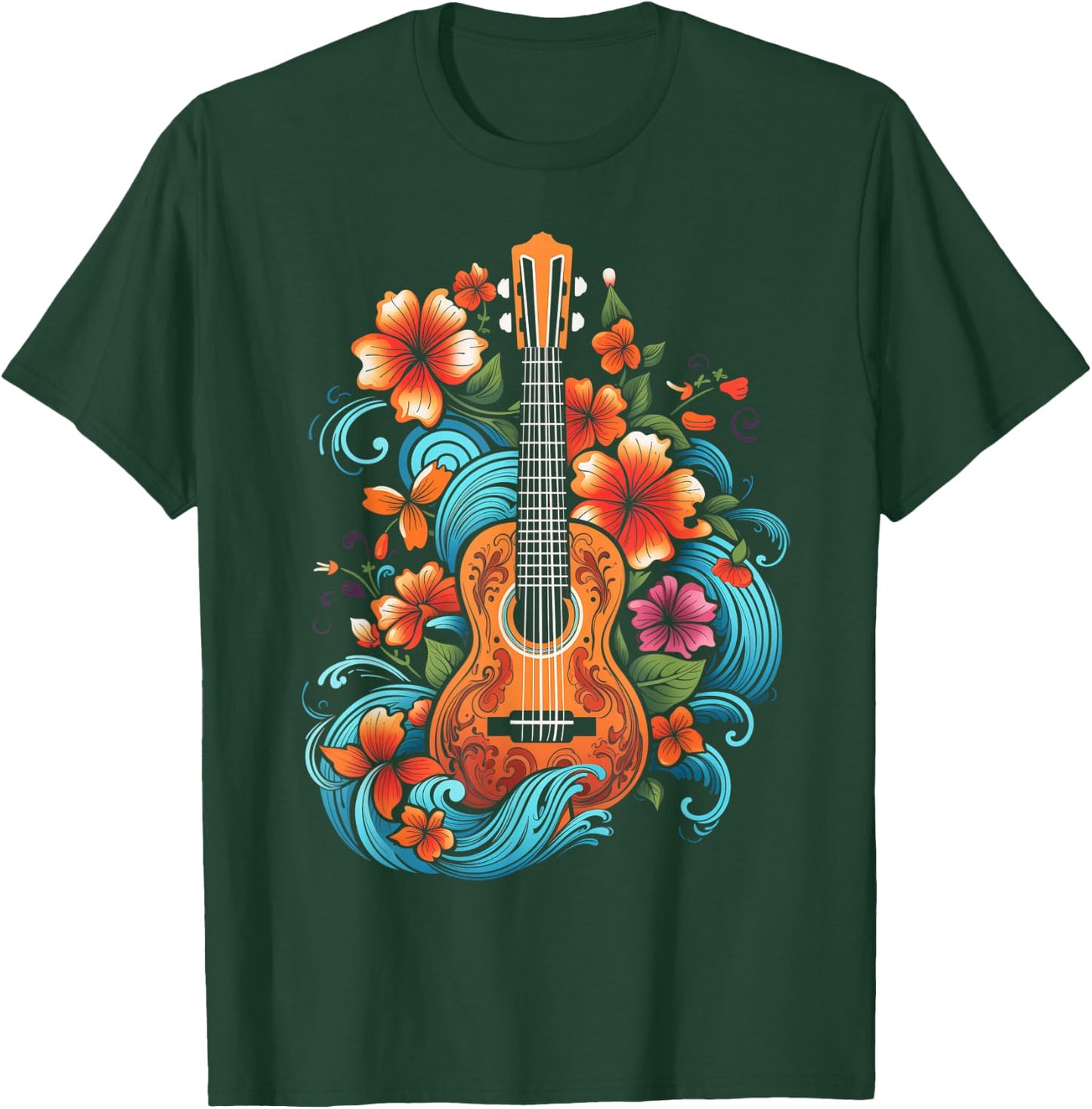 Ukulele Hawaii Hibiscus Flowers Guitar Hawaii Surfer Ukulele T-Shirt - T-Shirt | Forest
