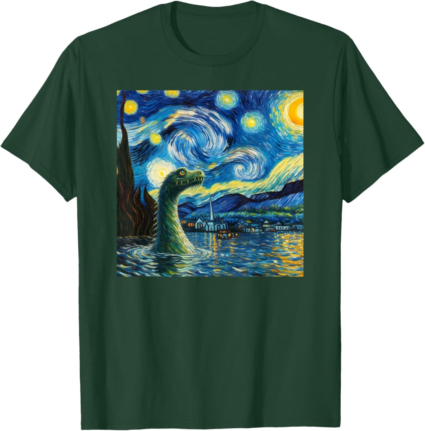 Loch Ness Monster in Starry Night Van Gogh Style Nessie T-Shirt - T-Shirt | Forest