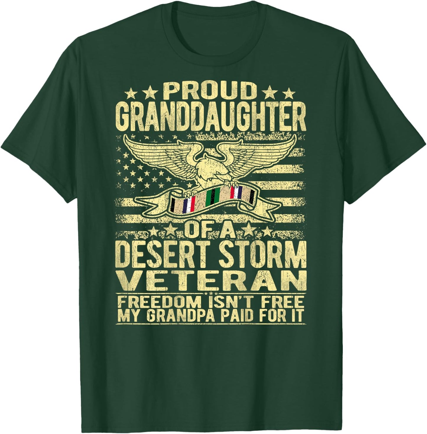 Proud Granddaughter Of A Desert Storm Veteran Ribbon US Flag T-Shirt - T-Shirt | Forest