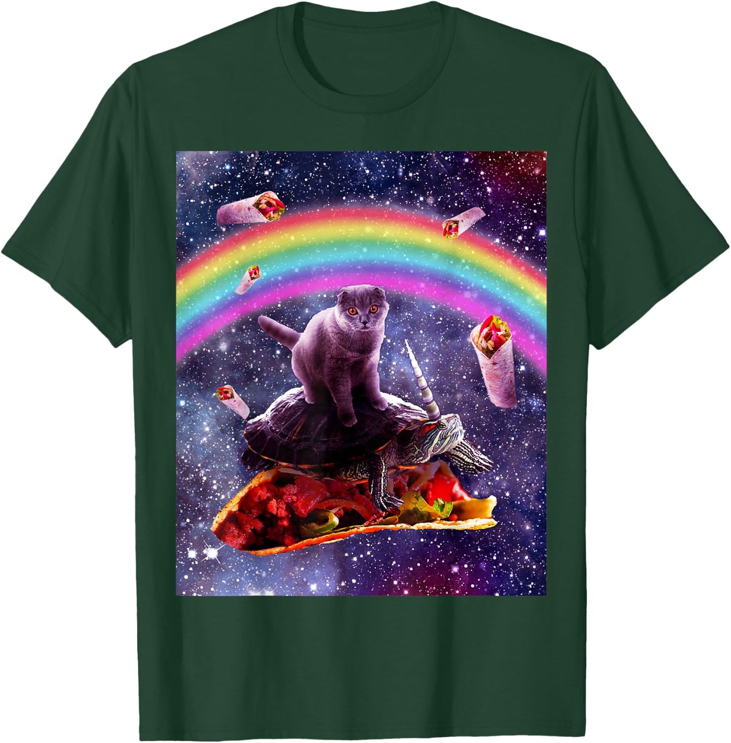 Space Cat Riding Turtle Unicorn - Taco & Burrito T-Shirt - T-Shirt | Forest