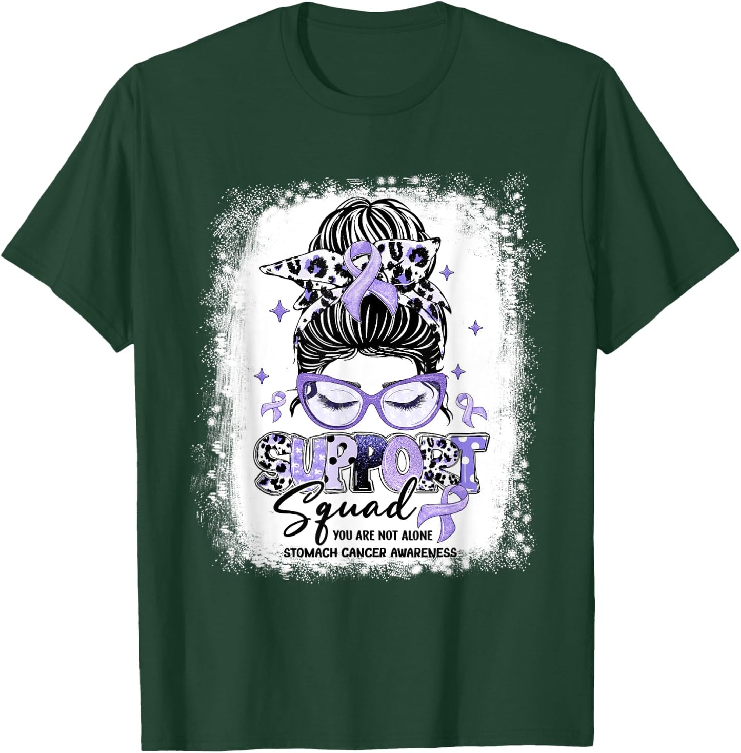 Support Squad Leopard Messy Bun Stomach Cancer Awareness T-Shirt - T-Shirt | Forest