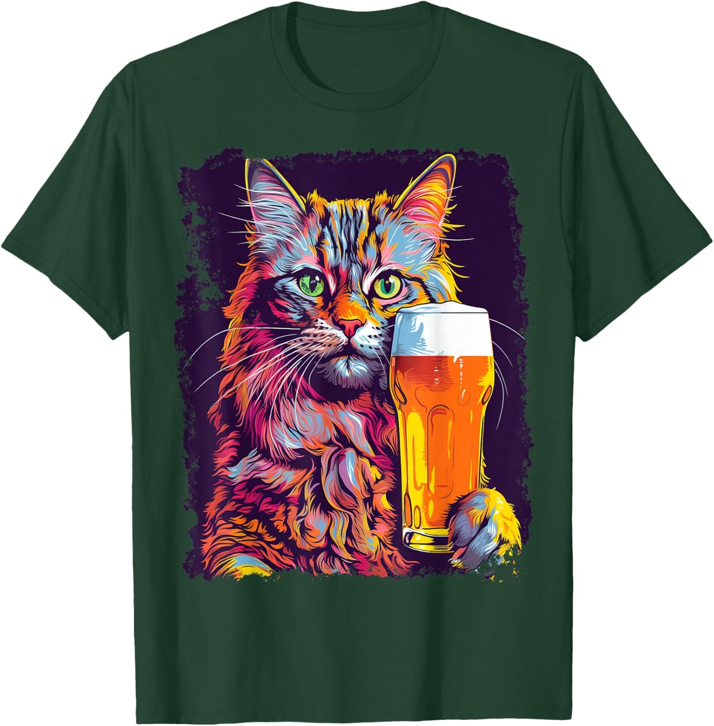 Noah&Friends Cat Drinking Beer -Adults Black Small Classic Fit U-Neck T-Shirt - T-Shirt | Forest