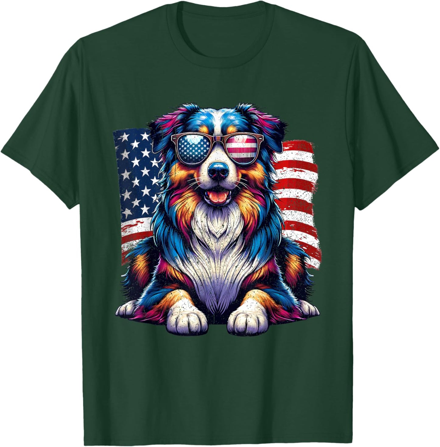 Vintage Australian Shepherd American Flag Pets Dogs USA US T-Shirt - T-Shirt | Forest