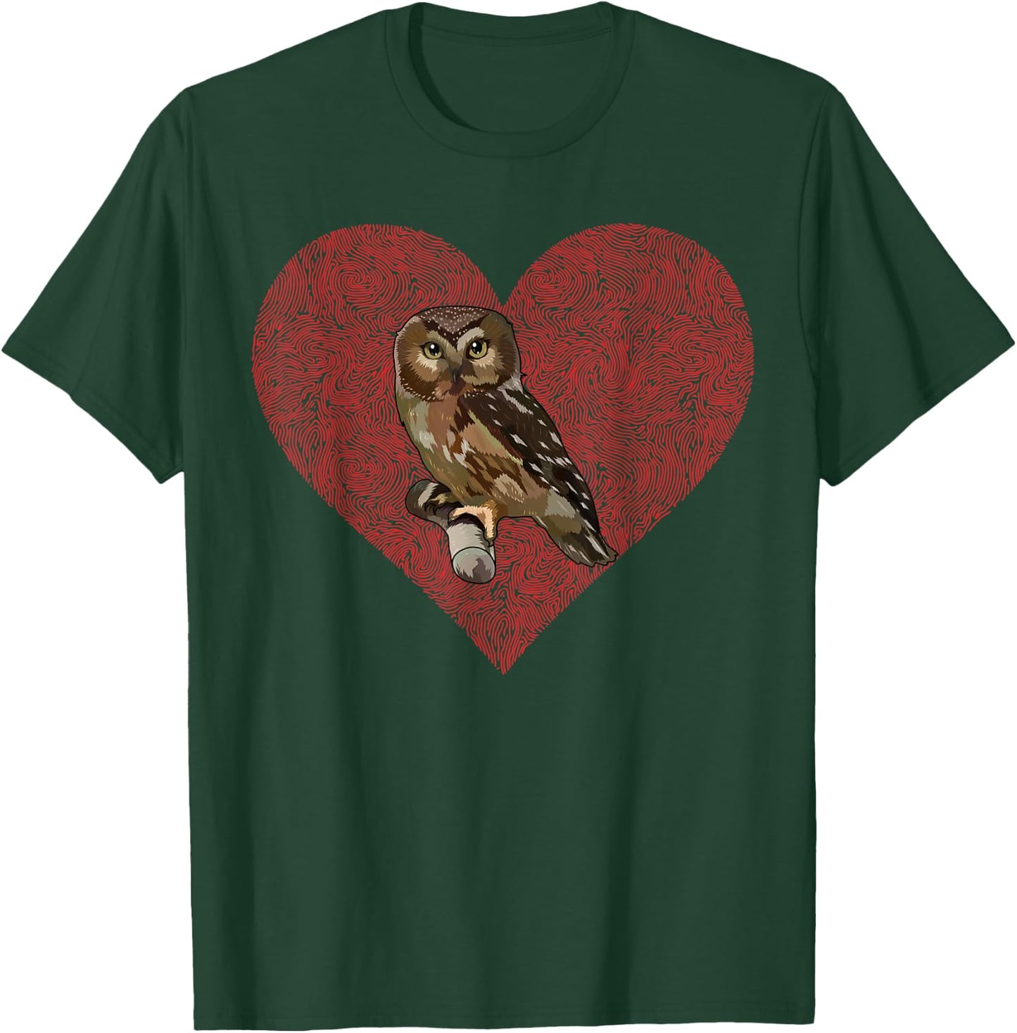 Northern Saw-whet Owl Valentines Day Bird Love Fingerprint T-Shirt - T-Shirt | Forest