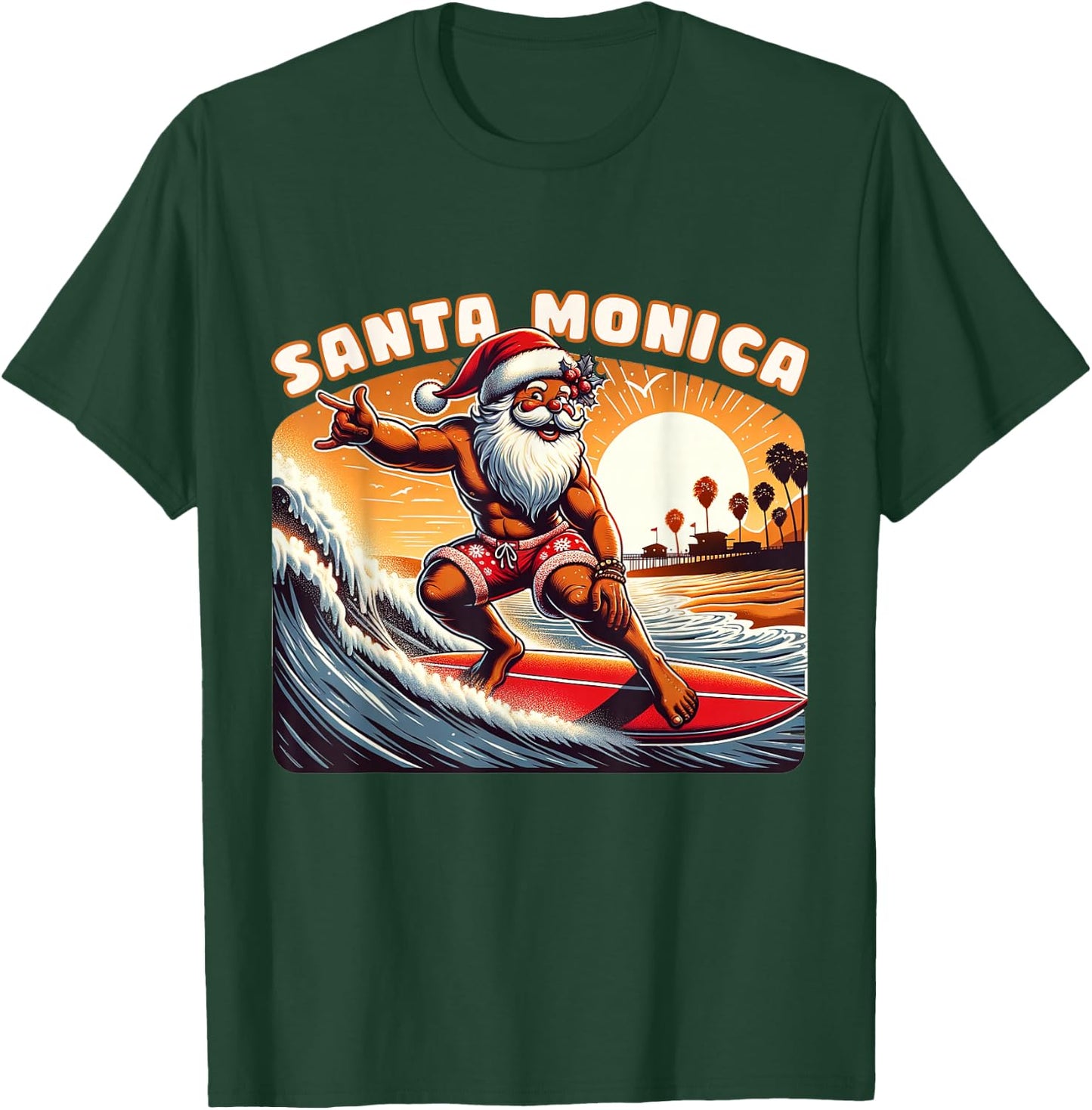Santa Monica Claus Christmas Santa Monica California Surfer T-Shirt - T-Shirt | Forest