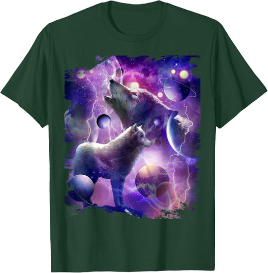 Cosmic Wolf Howling at Moon in Space T-Shirt - T-Shirt | Forest