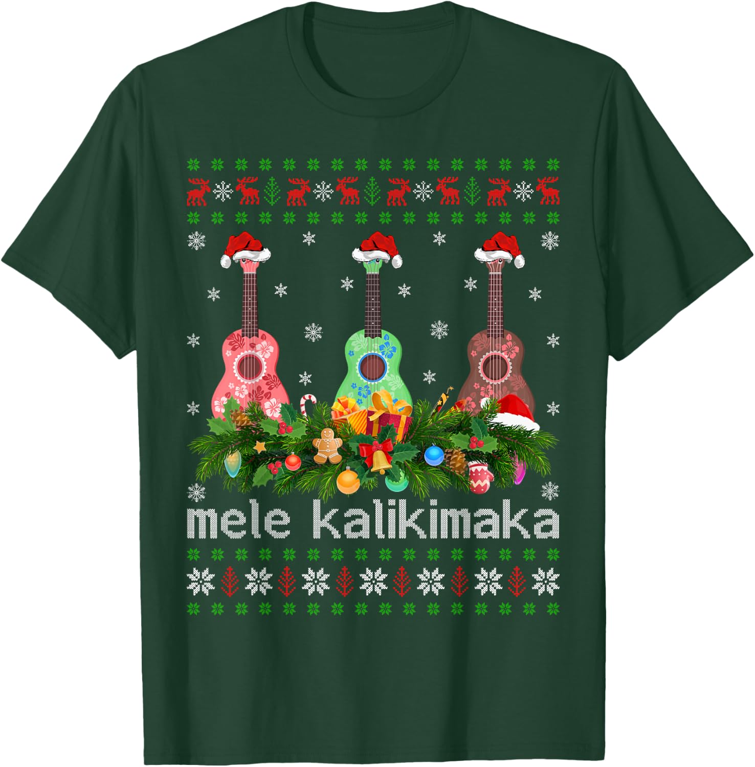 Mele Kalikimaka Ukulele Guitar Gift Ugly Ukulele Christmas T-Shirt - T-Shirt | Forest