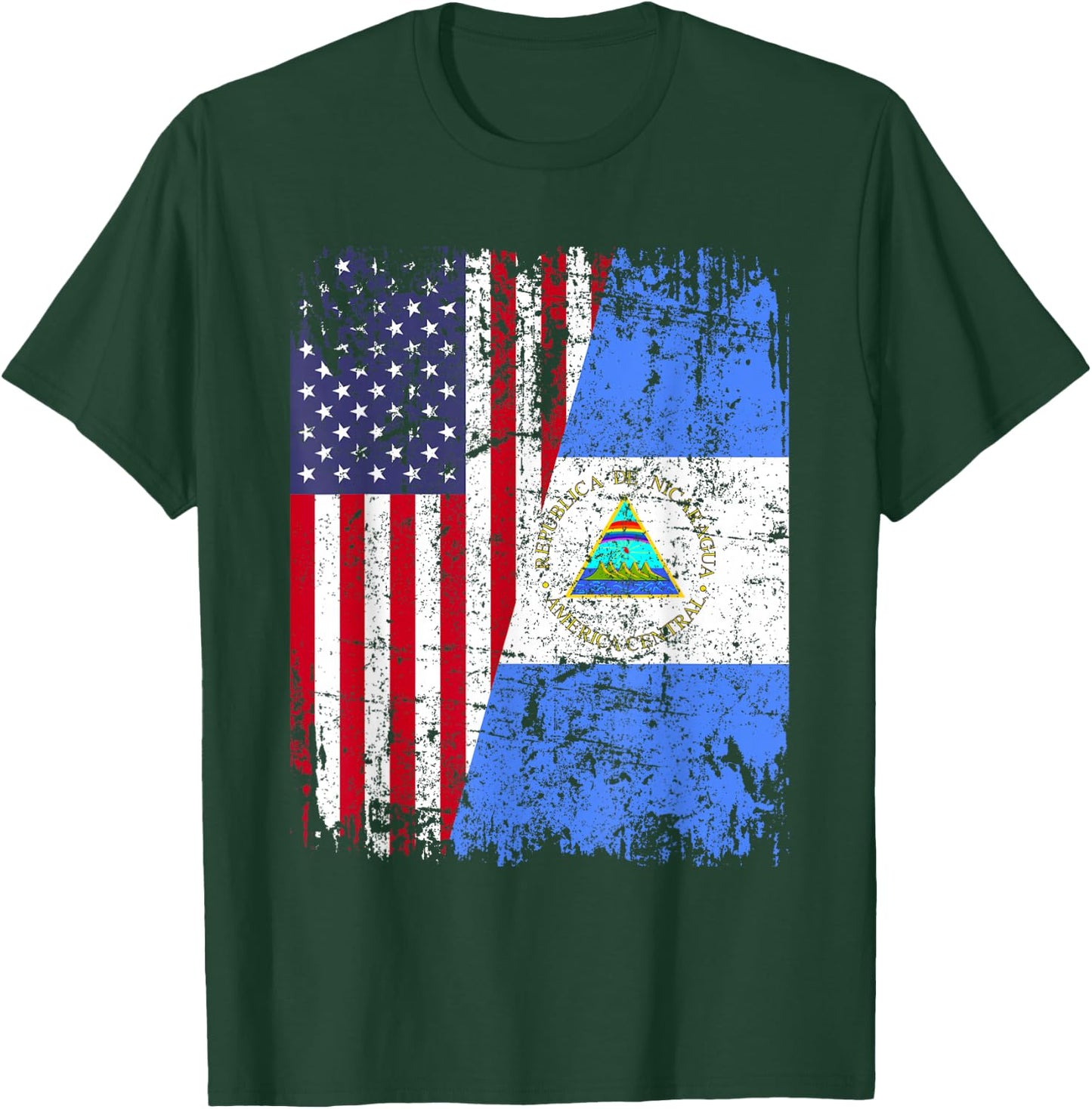 Nicaraguan Roots | Half American Flag | USA Nicaragua Flag T-Shirt - T-Shirt | Forest