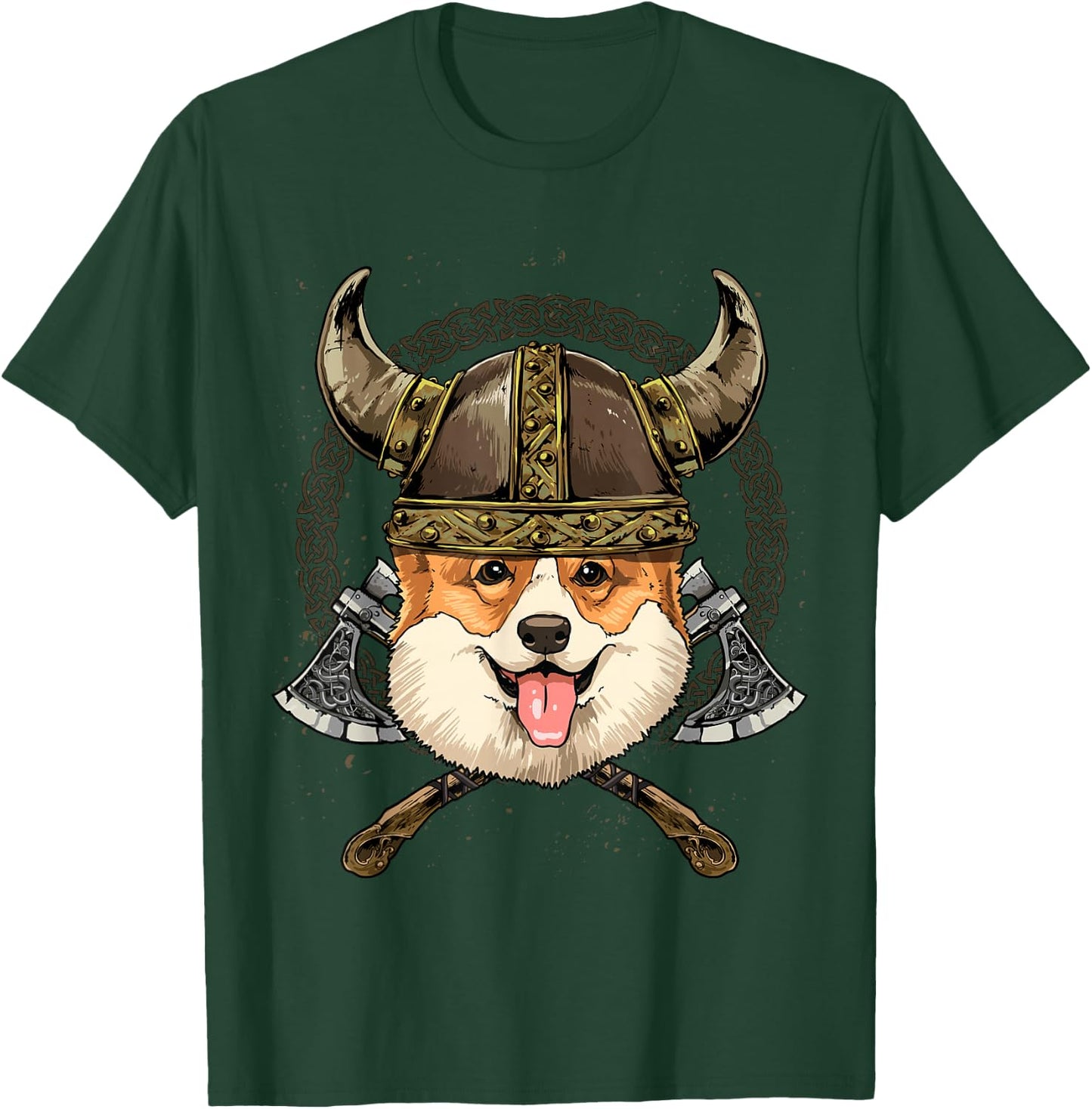 Viking Corgi Dog with Viking Helmet Mjolnir Axes T-Shirt - T-Shirt | Forest