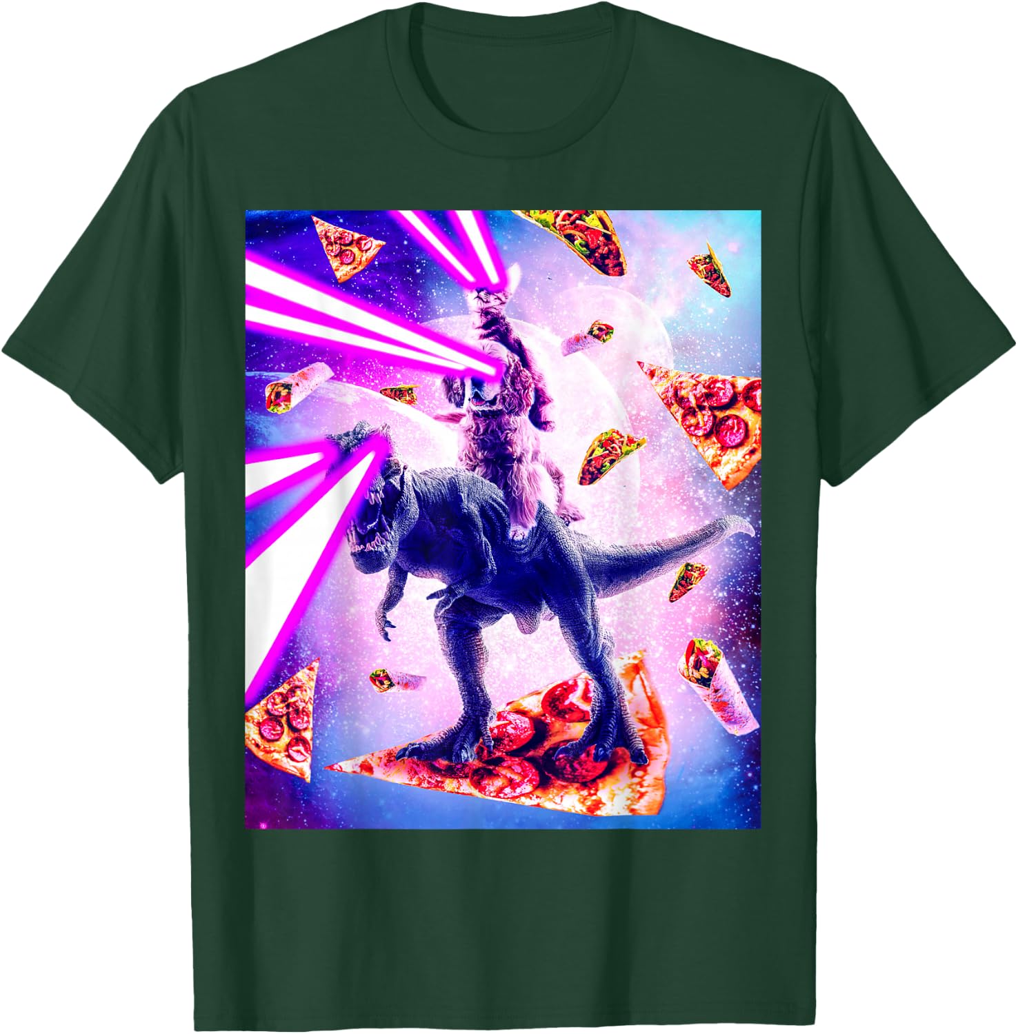 Laser Eyes Space Cat Riding Dog And Dinosaur T-Shirt - T-Shirt | Forest