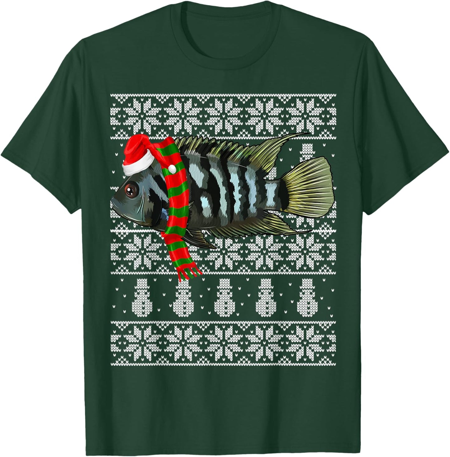 Fish Xmas Santa Hat Convict Cichlids Ugly Christmas T-Shirt - T-Shirt | Forest
