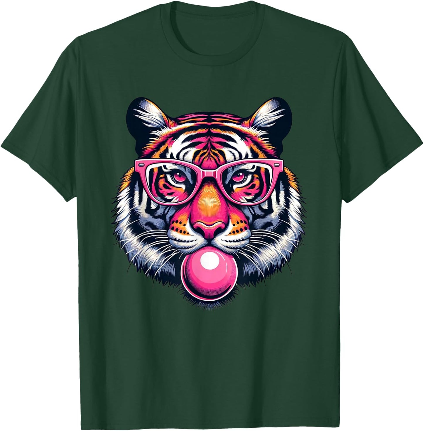 Funny Tiger Wearing Eyeglasses Bubblegum Tiger Lover T-Shirt - T-Shirt | Forest