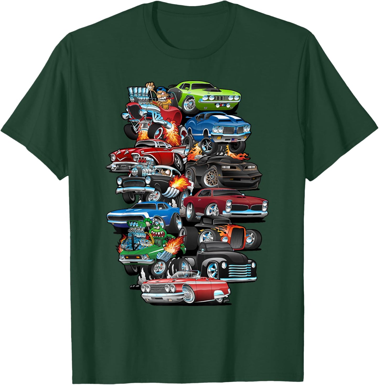 Car Madness! Muscle Cars, Classic Cars and Hotrods Cartoon T-Shirt - T-Shirt | Forest