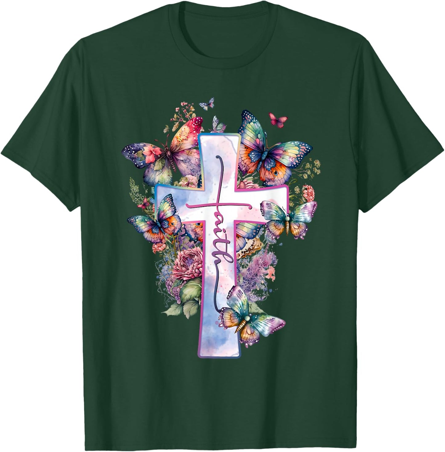 Faith-Cross Floral Butterflies Christ Flowers Religious T-Shirt - T-Shirt | Forest
