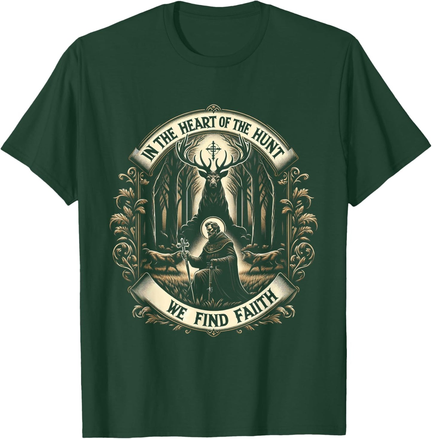 St. Hubertus Patron Hunter & Stag - Christian Faith T-Shirt - T-Shirt | Forest