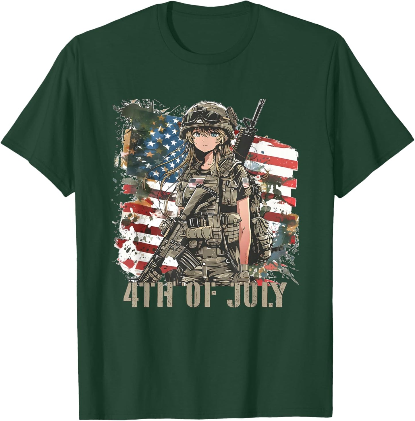 4th Of July Military Anime Girl Patriotic Kid Women USA Flag T-Shirt - T-Shirt | Forest