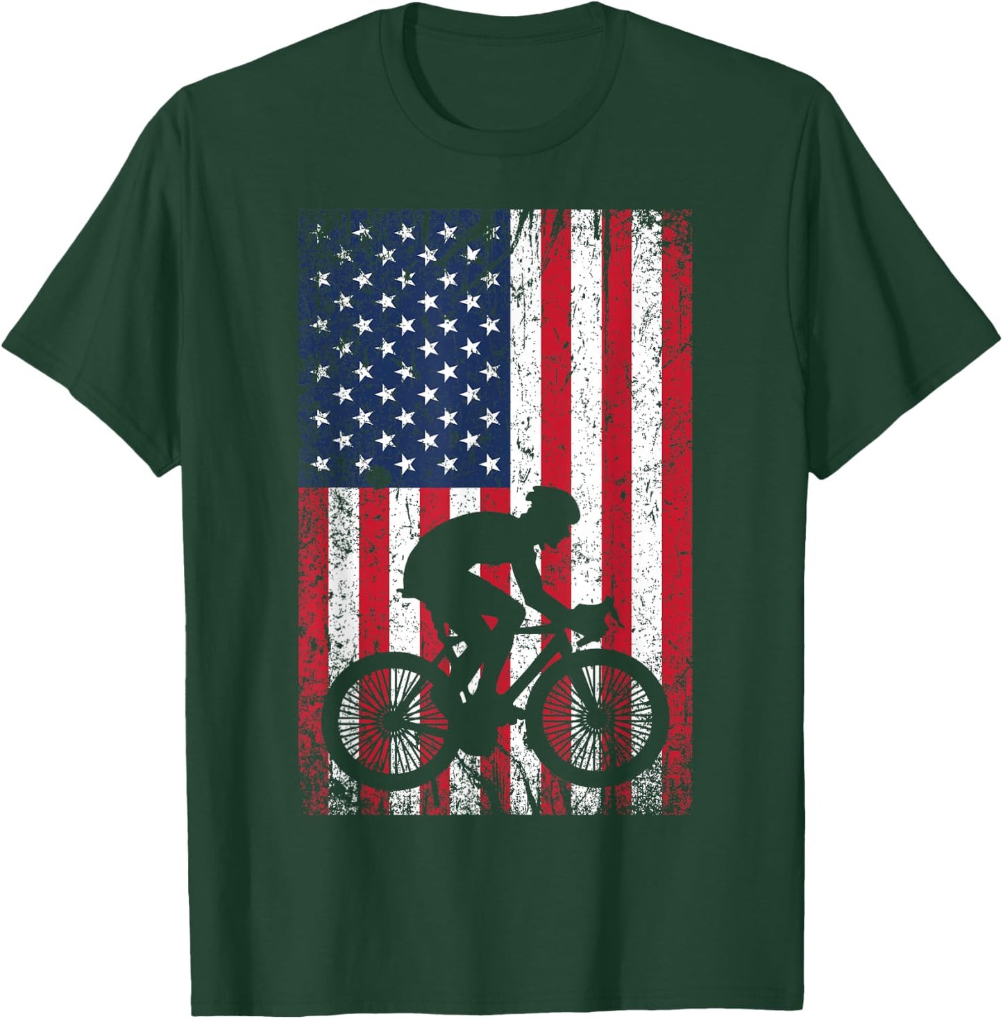 American Flag Mountain Bike 4th of July Patriotic Biking T-Shirt - T-Shirt | Forest