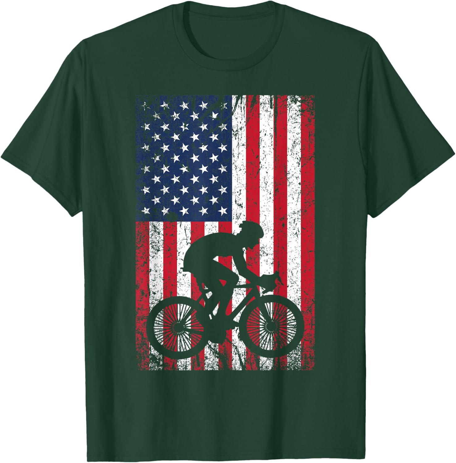 American Flag Mountain Bike 4th of July Patriotic Biking T-Shirt - T-Shirt | Forest