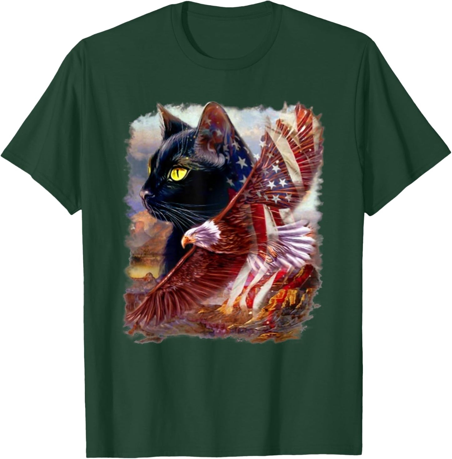 Black Cat Kitten American Flag Eagle 4th July Independence Men T-Shirt - T-Shirt | Forest