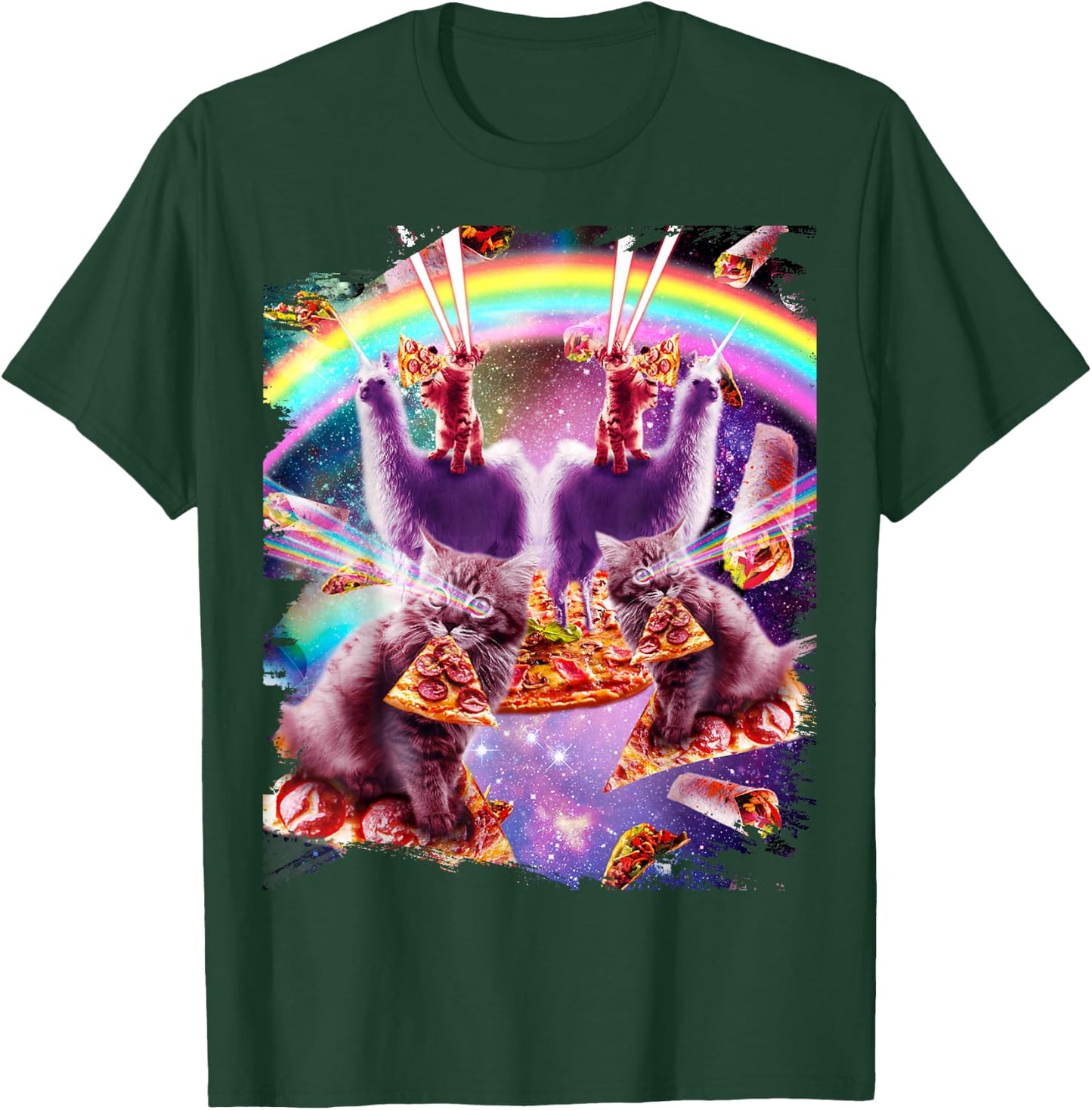 Laser Pizza Cat On Llama, Lazer Kitty Cats In Rainbow Space T-Shirt - T-Shirt | Forest