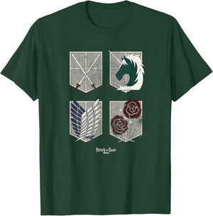 Attack on Titan Four Shields Trainee Military Corps Garrison T-Shirt - T-Shirt | Forest