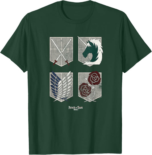 Attack on Titan Four Shields Trainee Military Corps Garrison T-Shirt - T-Shirt | Forest