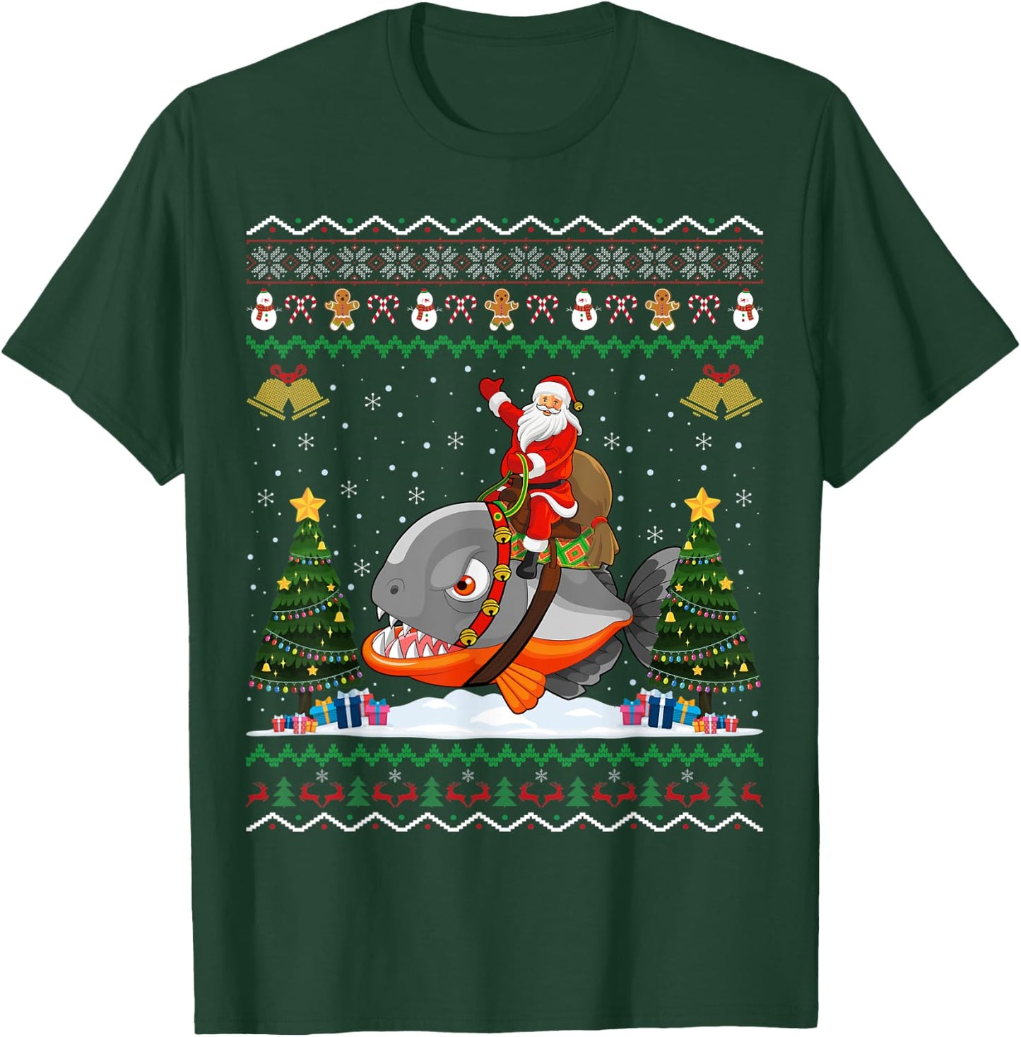 Piranha Ugly Xmas Gift Santa Riding Piranha Christmas T-Shirt - T-Shirt | Forest