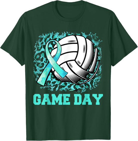 Game Day Cervical Cancer Awareness Ribbon Teal Volleyball T-Shirt - T-Shirt | Forest