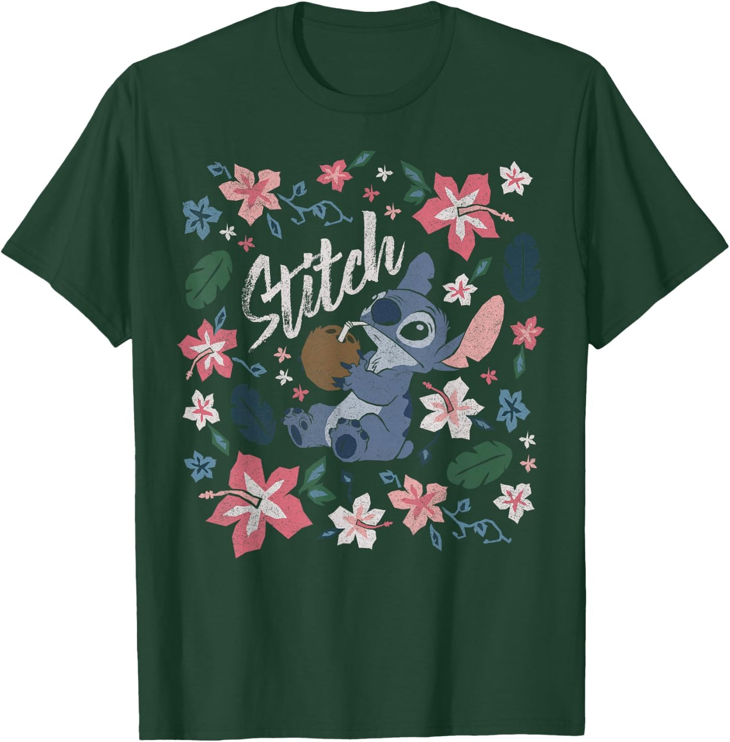 Disney Lilo & Stitch Floral Stitch Coconut Portrait Short Sleeve T-Shirt - T-Shirt | Forest