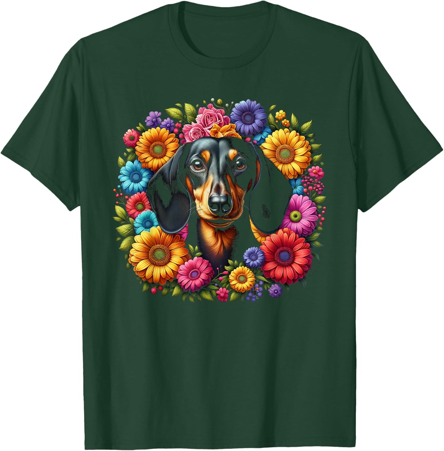 Cute Dachshund with Colourful Flowers T-Shirt - T-Shirt | Forest