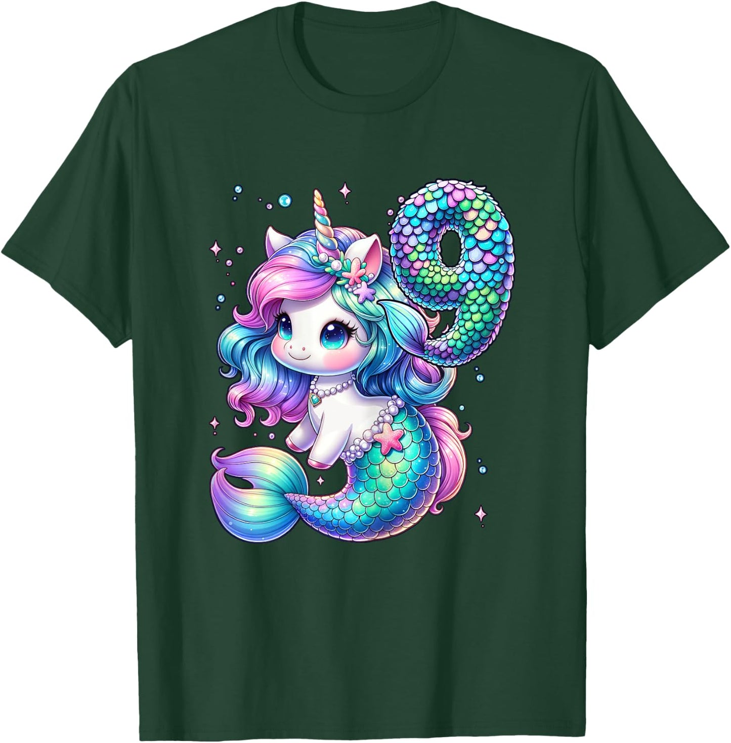 Unicorn Mermaid 9th Birthday 9 Year Old Party Girls Outfit T-Shirt - T-Shirt | Forest