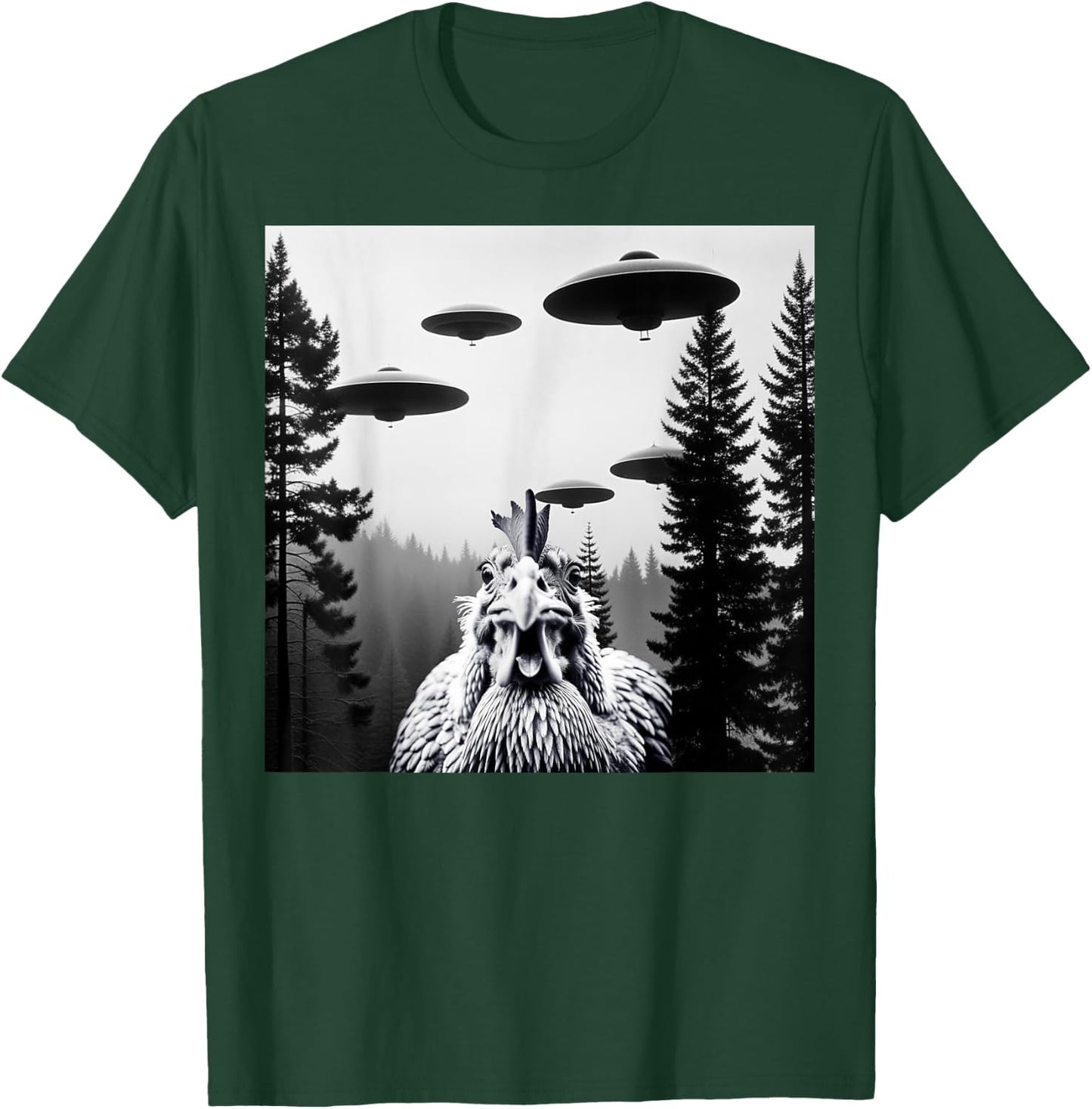 Funny Chicken With Alien UFO Spaceship. Chicken And Alien T-Shirt - T-Shirt | Forest