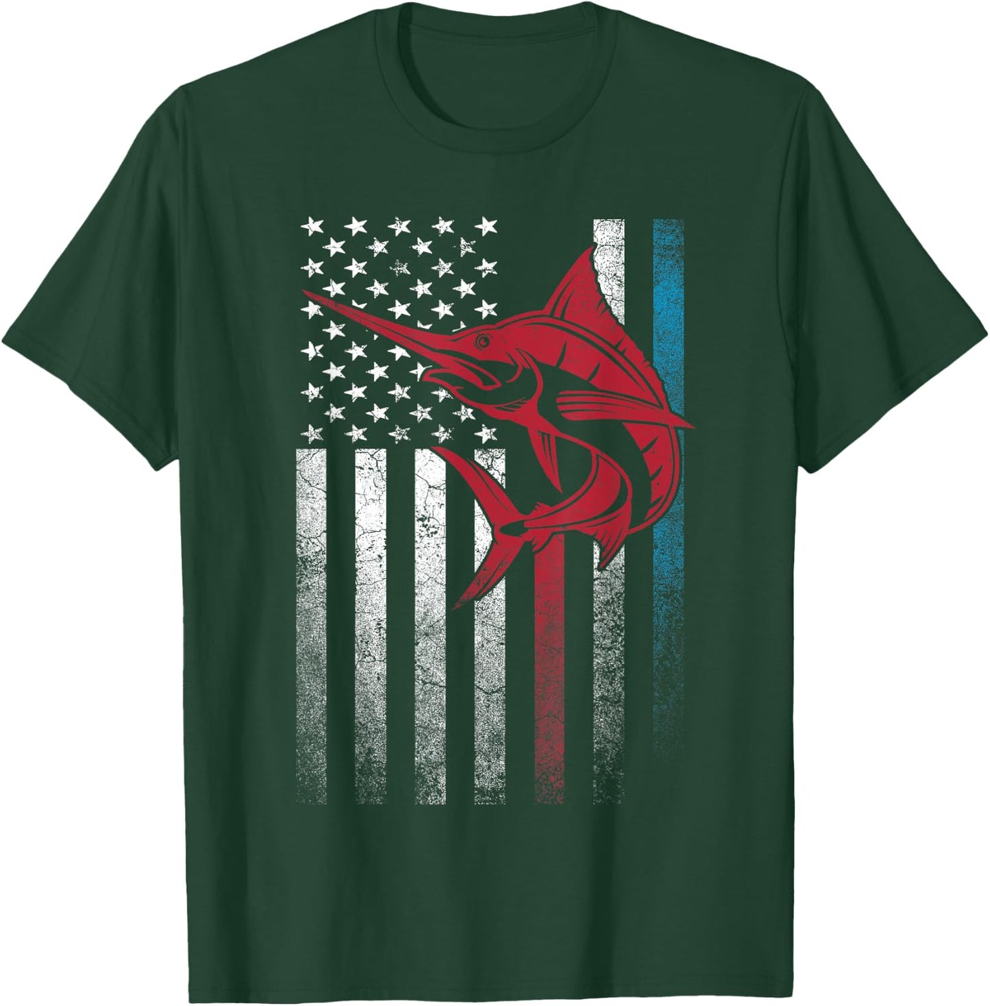 Fishing Marlin Swordfish Fish 4th of July American Flag USA Women Kids Men T-Shirt - T-Shirt | Forest