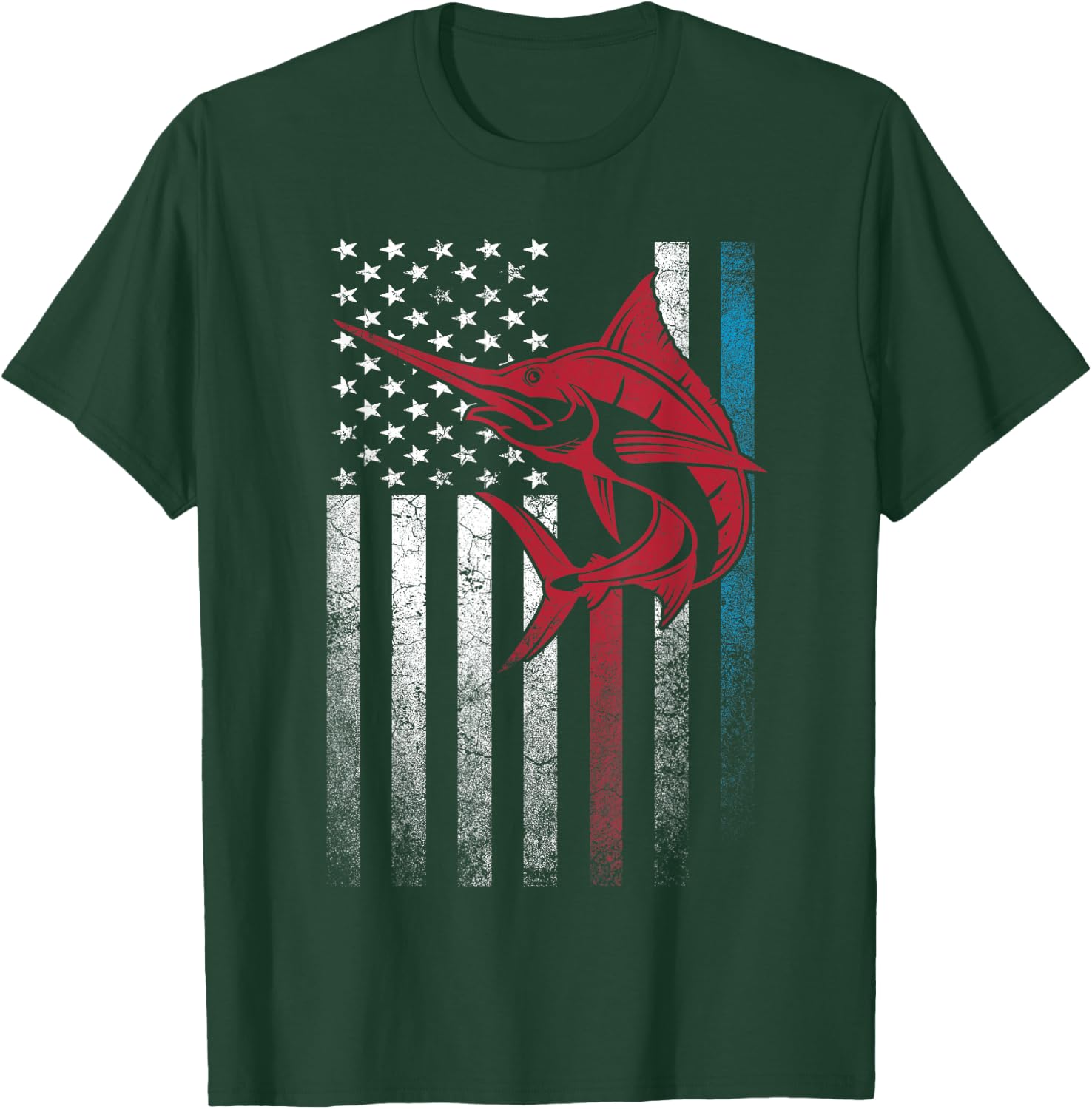 Fishing Marlin Swordfish Fish 4th of July American Flag USA Women Kids Men T-Shirt - T-Shirt | Forest