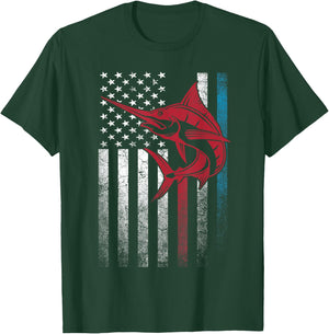 Fishing Marlin Swordfish Fish 4th of July American Flag USA Women Kids Men T-Shirt - T-Shirt | Forest
